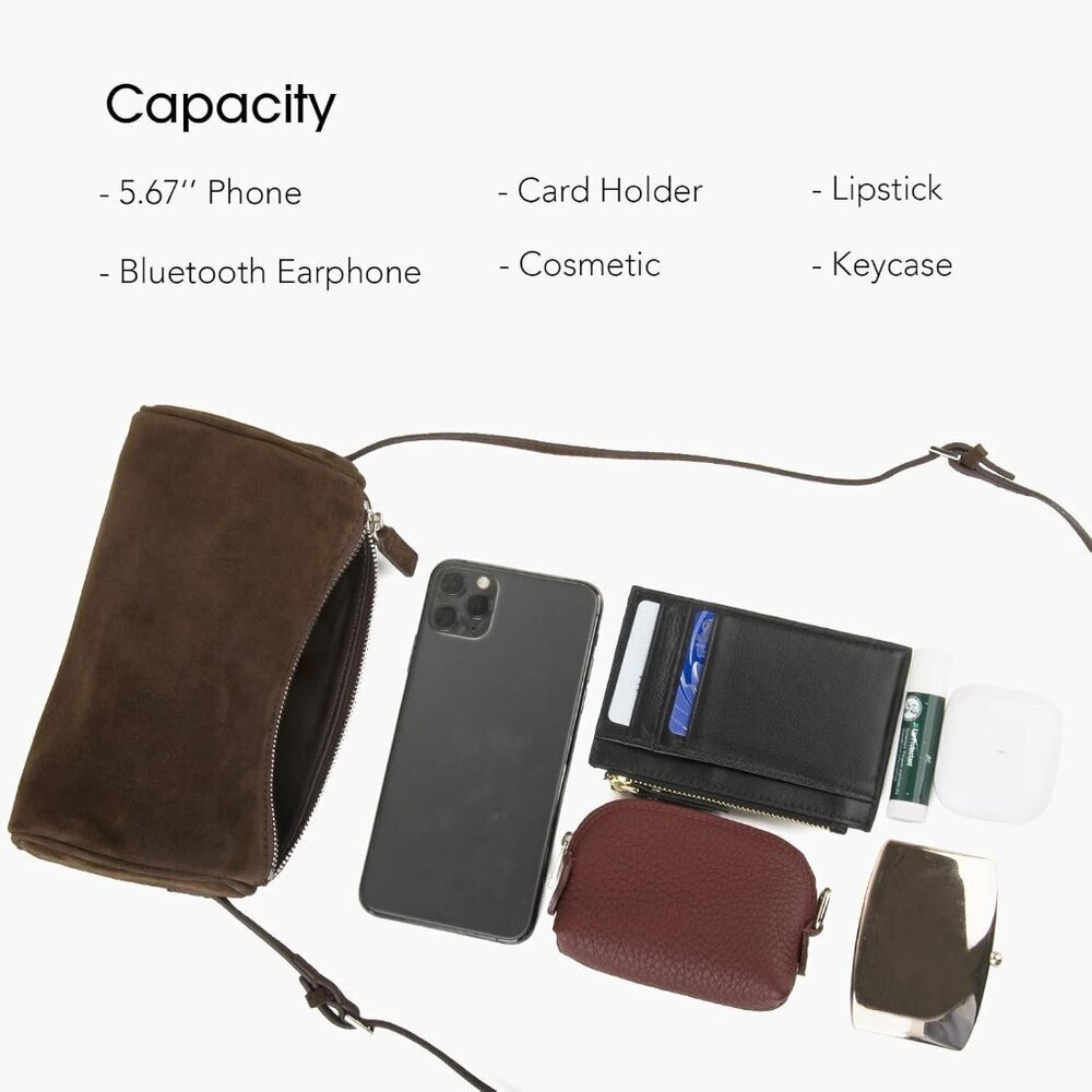women coffee Suede Leather Small Crossbody Shoulder Bag with Adjustable strap - Picture 7 of 9